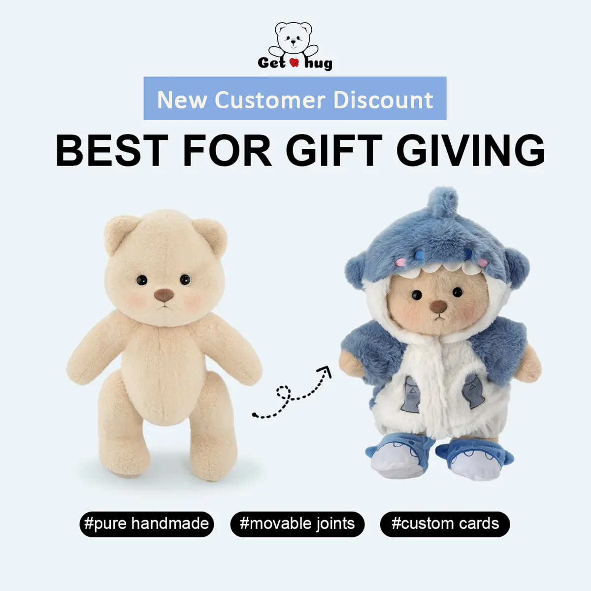 Shark Teddy Bear | Getahug Handmade Jointed Plush with Changeable Poses, Cuddly Stuffed Animal Gift for Collectors & Lovers, cozyvibes