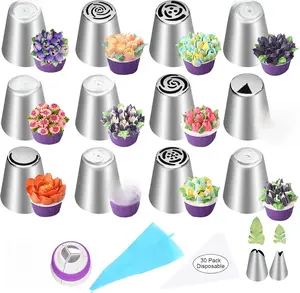 47-Pcs Russian Piping Tips Set – Includes 12 Flower Frosting Nozzles, 2 Leaf Tips, 2 Couplers, and 30 Pastry Bags – Complete Cake Decorating Kit for Cookies and Cupcakes – Essential Baking Supplies