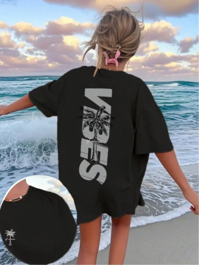 Vintage retro west coast distressed vibes palm tree graphic t-shirt coastal street photo shoot summer breathable pure cotton oversized women short sleeve tee
