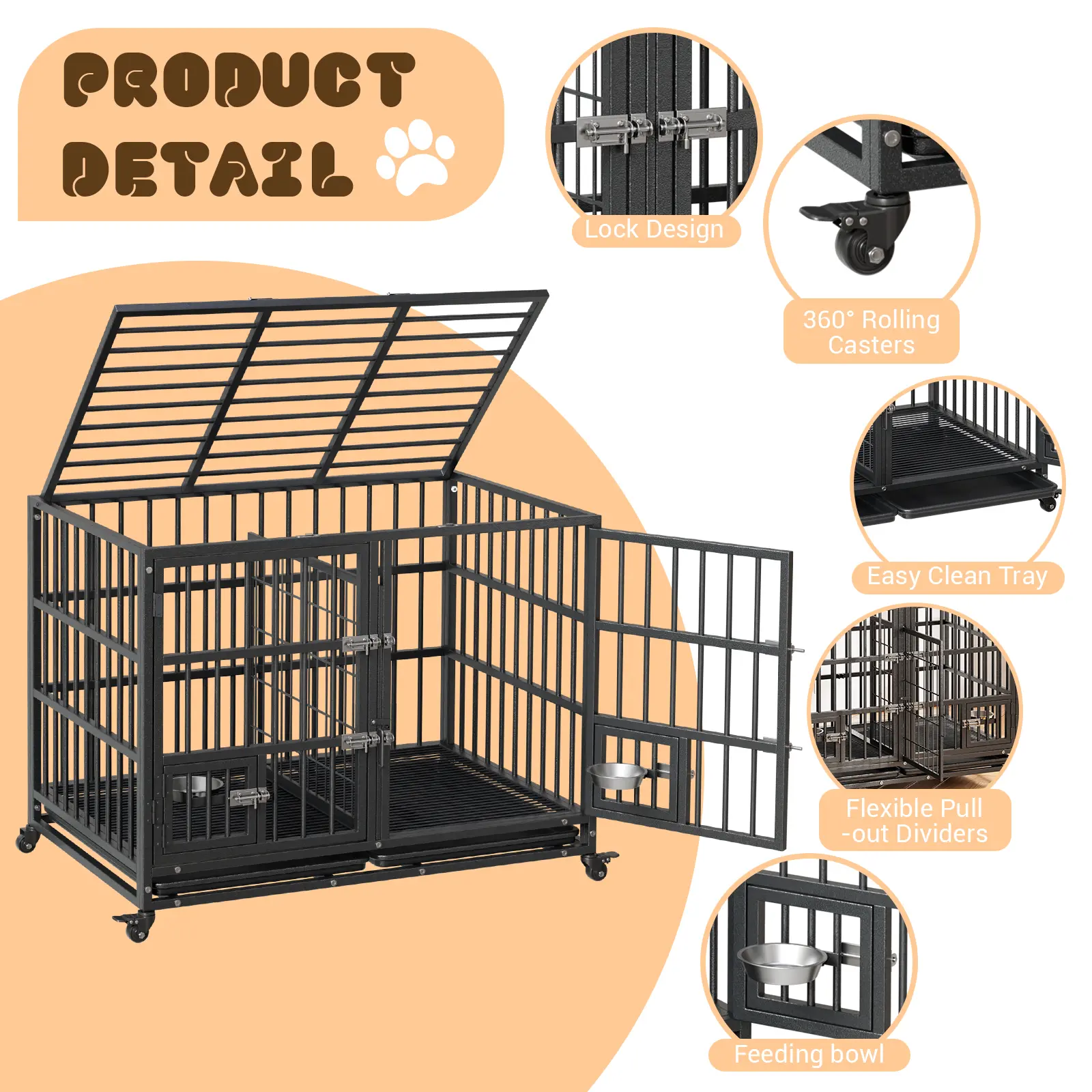 42-inch sliding rail dog crate with food bowl