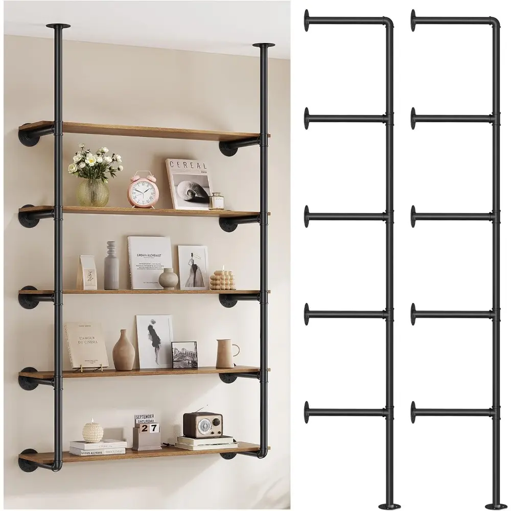Industrial Iron Pipe Wall Mounted Shelves, Farmhouse DIY Open Bookshelf, Pipe Racks for Kitchen Bathroom Living Room Bookcase, 2 Pack 5 Layers Decor Wooden Decoration Installation