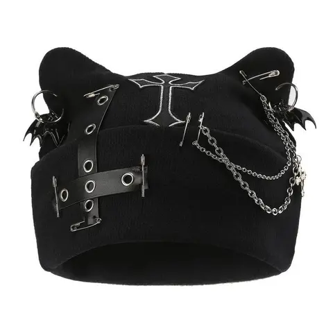 Unisex Acrylic Soft Knit Cat Ear Beanie - Black Winter Gothic Punk Hat with Chain Accents, Bat Charm, Heart Detail, Adjustable Size, Machine Washable for Warm Casual Wear, Edgy Look, Accessories for Women, Animals, Funky Alternative Fashion Enthusiasts