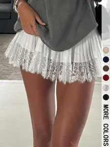 1 piece Women's Lace Patchwork Ruffle Short Skirt, Elegant Sweet Style, Long Leg Look, Perfect for Casual & Party Wear