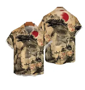 Japanese Kaiju Style All-over Print Short-sleeve Hawaiian Shirt, Japan Monster Summer Beach Tropical Button Down Shirt, Casual Vacation Floral Shirts