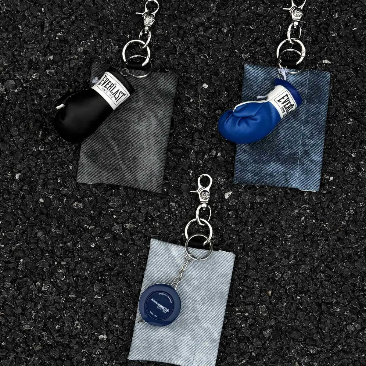 Unisex Indigo Dyed Denim Keychain - Casual High-End Card Holder with Tape Measure Accent, Pants/Bag Charm, Denim Black Bag - Black Gloves