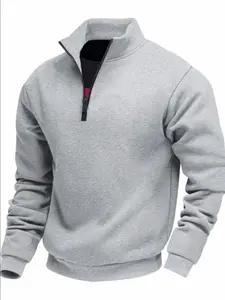 Men's Solid Color Half-Zip Sports Sweatshirt, Gym Sweatwear, Casual Fleece Lined Pullover, Fall & Winter Thick Top