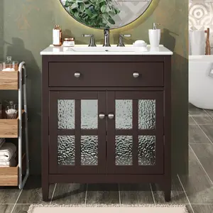 30" Bathroom Vanity with Ceramic Sink, Equipped with Adjustable Shelf and Tip-Out Tray, Bathroom vanity with Solid Wood Legs, Silver Metal Knobs and Soft Close Hinges, Dark Brown