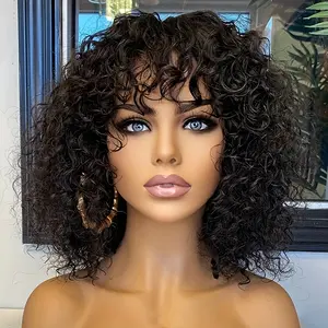New Fashion Short Curly Bob Human Hair Wigs With Bangs Full Machine Made Wigs Natural Wigs For Women Remy Hair Jerry Curly Wig