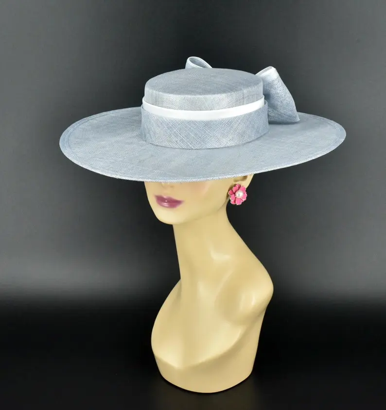 M23156 Light Blue White Sinamay Fascinator Hat with Satin Bow, Medium Flat Brim, 21" Girth, Suitable for Kentucky Derby, Weddings, Church, Easter, Ascot