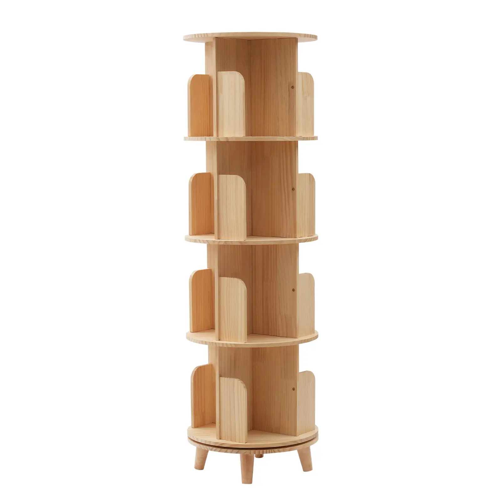 Solid Pine 4-Tier 360° Rotating Cylinder Bookshelf, Freestanding Home Organizer for Living Room - 110 lbs (50 kg) Per Tier Capacity, Assembly Required, Includes 1×Sandpaper 1×Table Cloth for Books Storage