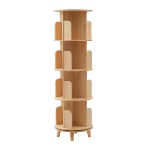 4 Tier 360 Degree Rotating Bookshelf Natural Pine Wood Display Stand 110 lbs Per Tier Capacity Modern Cylindrical Shelf for Living Room Storage