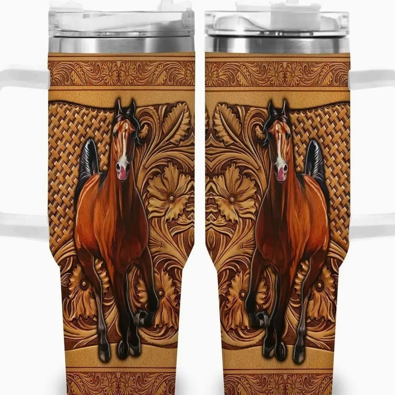 1pc 40oz Intricate Horse and Floral Pattern Tumbler with Lid, Insulated Travel Mug, Gift for Women Men, Ideal for Halloween, Independence Day, Memorial Birthday Gift, Coffee Cup, weird stuff