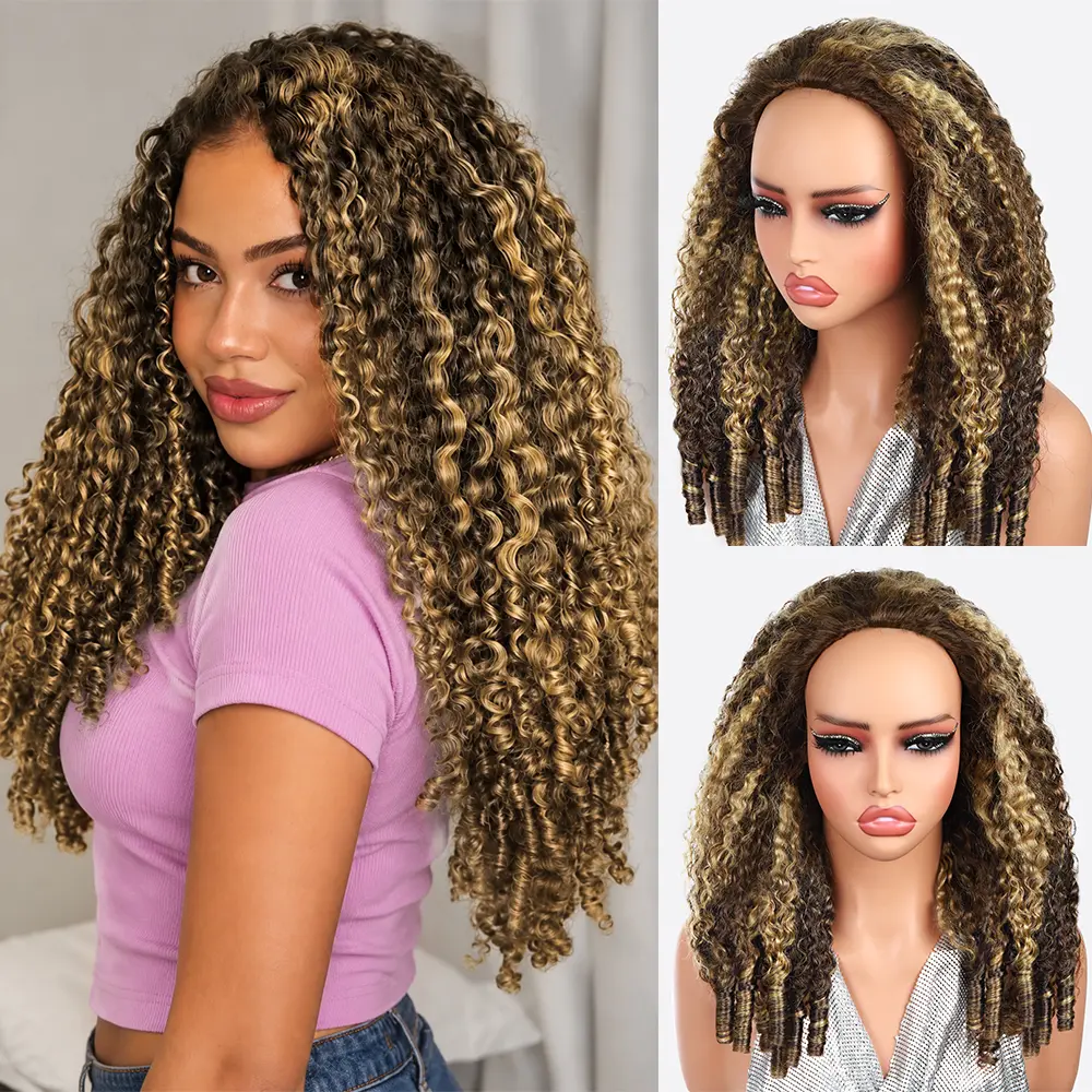3 In 1 Half Wig 4/27 Highlight Burmese Curly Human Hair Glueless Half Wig With Drawstring Spiral Curly Ends 3 in 1 Flip Over Headband Wig Beginner Friendly for Black Women