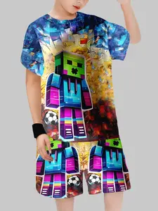 Cool Minecraft Character Short Sleeve Shorts Set for Boys, Casual Cartoon Style, Fitted Crop/short Length, Summer