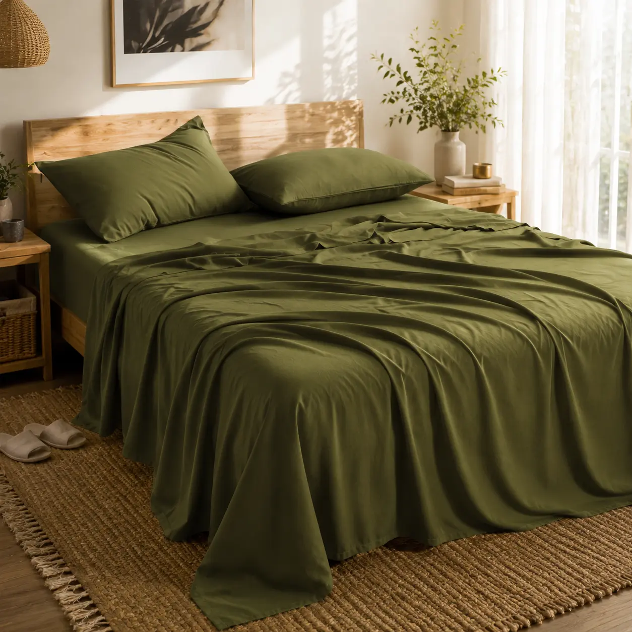 Army Green Bamboo Bed Sheet Set, Soft Cooling Silk Feel Sheets, Deep Pocket Fitted Sheet with Pillowcases, Luxury Bedding Set