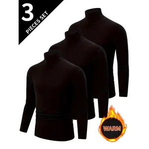 3-Pack Men's Turtleneck Long Sleeve T-Shirts - 95% Polyester, 5% Elastane Knit Fabric, High Neck Skinny Fit Tops with Medium Stretch for Fall/Winter, Solid Color Thermal Base Layer Pullovers