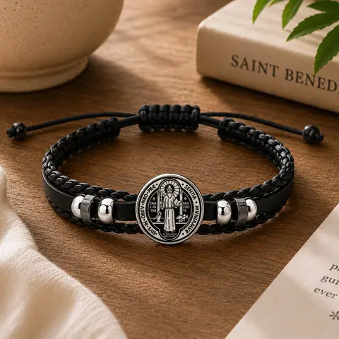 San Benito Medal Braided Bracelet - High Quality, Exquisite Trendy Unisex Wrist Accessory with Adjustable Multi-Layered Red Leather Cord, Beads, San Benito Image for Casual Daily Wear (Ideal for Unique, Meaningful Stylish Finds), Exquisite Trendy Bracelet