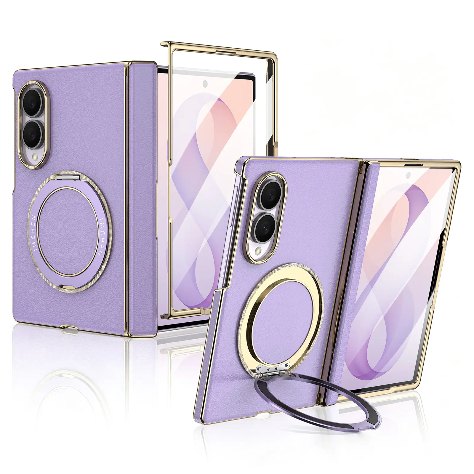 Magnetic Cellphone Casing for Samsung Galaxy Z Fold 8, Built-in Front Glass Protector, 360° Ring Stand, Hinge Protection, MagSafe Compatible Full Body Cover, Black/Purple Mobile Phone Accessories