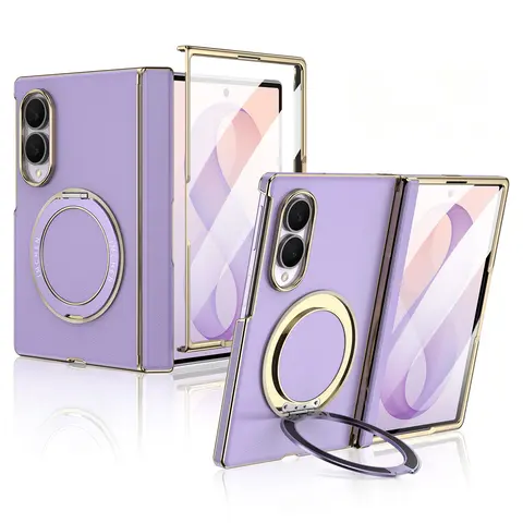 Nappa Leather Magnetic Cover for Samsung Galaxy Z Fold8 - Adjustable Folding Phone Case with Built-in Screen Protector, 360° Rotating Ring Stand, Hinge Protection, Wireless Charging Compatibility, Landscape View Support