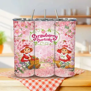 Strawberry Shortcake 20oz Tumbler Floral Light Pink Design with Strawberries and Flowers Drinkware Water Bottles