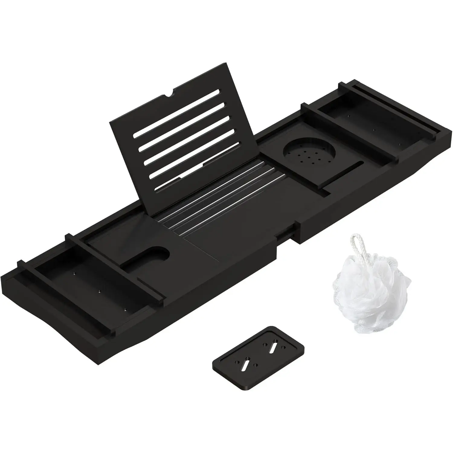 Bathtub Tray for Luxury Bathroom, Expandable  Bath Tray w/Soap Towel Book Holder, Adjustable Bath Accessories for Tub,Extendable Tub Tray with  Glass Cup Organizer 29.5"-43.3" Black