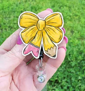 Coquette Pencil Bow Teacher Acrylic Retractable Badge Reel