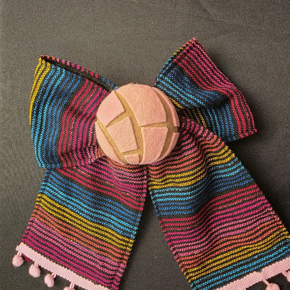 Mexican Theme Bows - Colorful Striped Design with Pom-Poms for Festive Outfits