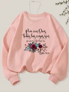 Women's Floral & Letter Print Drop Shoulder Sweatshirt, Casual Long Sleeve Round Neck Pullover for Fall & Winter, Women's Clothes for Daily Wear, Womenswear, Casual Comfy Pullover, Casual Cozy Sweatshirt
