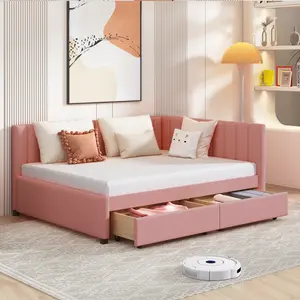 Full Size Daybed Frame with 2 Storage Drawers, Upholstered Full Daybed, Linen Fabric Full Size Sofa Bed Frame, No Box Spring Needed, Pink