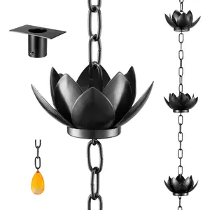 8.5ft Adjustable Lotus Rain Catcher Chain with Adapter, Black Powder Coated Rain Chain for Outdoor Gutters Downspout, Ideal for Diverting Water and Home Display