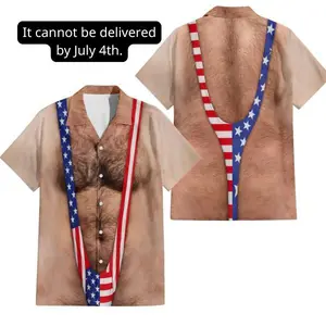 Humorous 4th of July Hairy Torso Graphic Hawaiian Shirt, Patriotic Gag Gift Men Short Sleeve