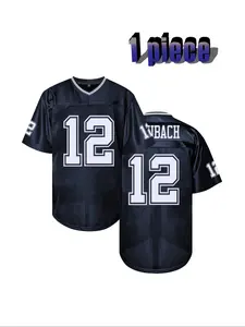 Men's American Football Jersey 12 Blue Vintage Embroidered Casual Training T-Shirt, Sporty V-Neck Short Sleeve, Loose-Fitting All Seasons Sports Jersey