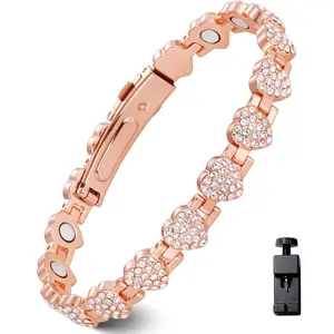 Women's Heart Shape Pure Copper Magnetic Bracelet, 3800 Gauss Strong Neodymium Magnets with Cubic Zirconia, 99.99% Copper Jewelry, Perfect Mother's Day & Holiday Gift