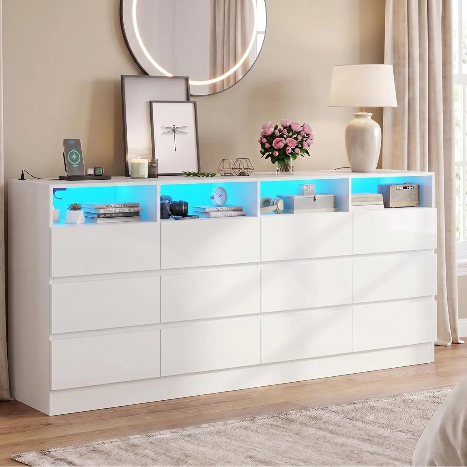 Gyfimoie 12-Compartment Divided Drawer Dresser, 63" Wide Double Chest of Drawers with Power Outlet and LED Light, Modern Bedroom Dresser Organizer Cabinet & TV Stand for Closet, Hallway