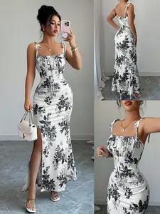 Women's & Ink Floral Strapless Fitted Dress, Slimming Waist Split Fish Tail Long Gown, Elegance Pure Desire Style