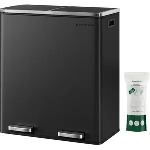 Trash Can, 2 x 8 Gallon (2 x 30 L) Garbage Can for Kitchen, with 15 Trash Bags, 2 Compartments, Plastic Inner Buckets and Hinged Lids, Airtight, Silver and Black ULTB60NL