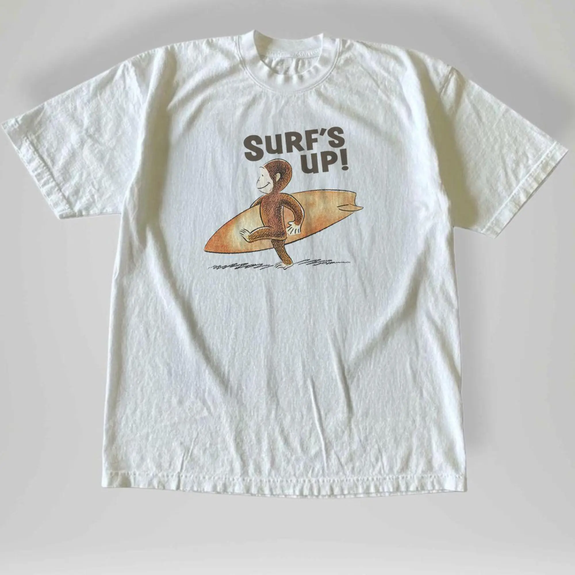 Men Women Casual Short Sleeve T Shirt Retro Surf's Up Surf Monkey Graphic Tee Loose Summer Beach Vacation Outfi