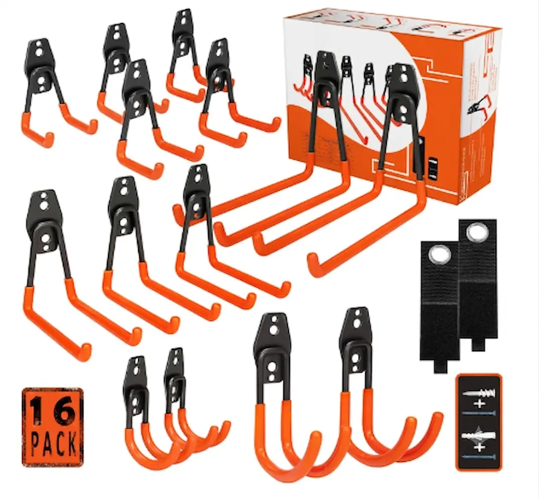 Heavy Duty Steel Hooks, 16 Pack with Anti-Slip Coating - Utility Wall Mount Garage Storage for Hanging Bike, Ladder and Garden Tools