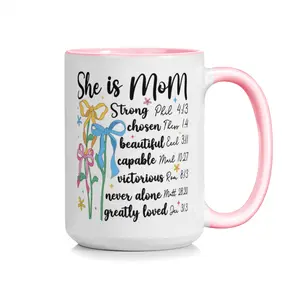 She Is Mom Christian Coffee Mug with Bible Verses, 11oz & 15oz Ceramic Two-Tone Pink Handle Cup, Strong Chosen Beautiful Capable Victorious Mom Gift, Mother’s Day 2026 Religious Present, Meaningful Scripture Gift for Grandma and Wife