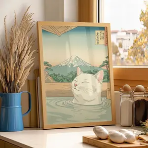 [SALE UP TO 50% + FREE SHIP]  Ukiyo-e Cat Onsen Poster, Japanese Hot Spring Wall Art Print, Humorous Kitten Bathing Decor, Mount Fuji Painting, Rolled Posters, Home