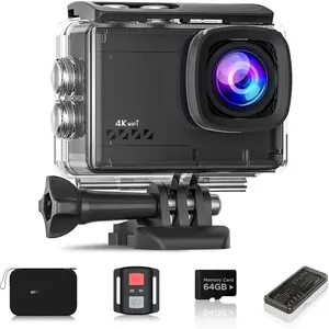 4K 60FPS 64MP EIS WiFi Action Camera with 64GB Memory Card  Underwater Camera 40M  Camera 2.0'LCD 2.4G Remote Control 2X1350mAh  and Multiple accessorie