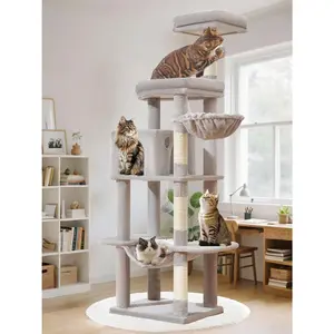 MS042W  Tree,66-inch Large  Tower with  Posts, Luxurious Large Platform for Big Cats with Soft Hammock, Adjustable Basket, Deluxe  Cando, Top Perch Light Gray