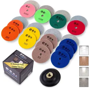 4 Inch  Tile Polishing Pads for  Polisher, 15 count Wet Dry Concrete Polishing Pads Kit including 5/8-11 Rubber Backer Pad and 30-3000 Grit Polishing Pad for Marble, Granite Polishing (15)