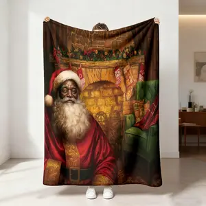 1 piece of retro fireplace Santa-themed blanket Santa Claus stone fireplace Christmas socks Christmas wreath elements Soft and comfortable bed blanket sofa blanket camping and other uses Available in all seasons Flannel Throw Blanket
