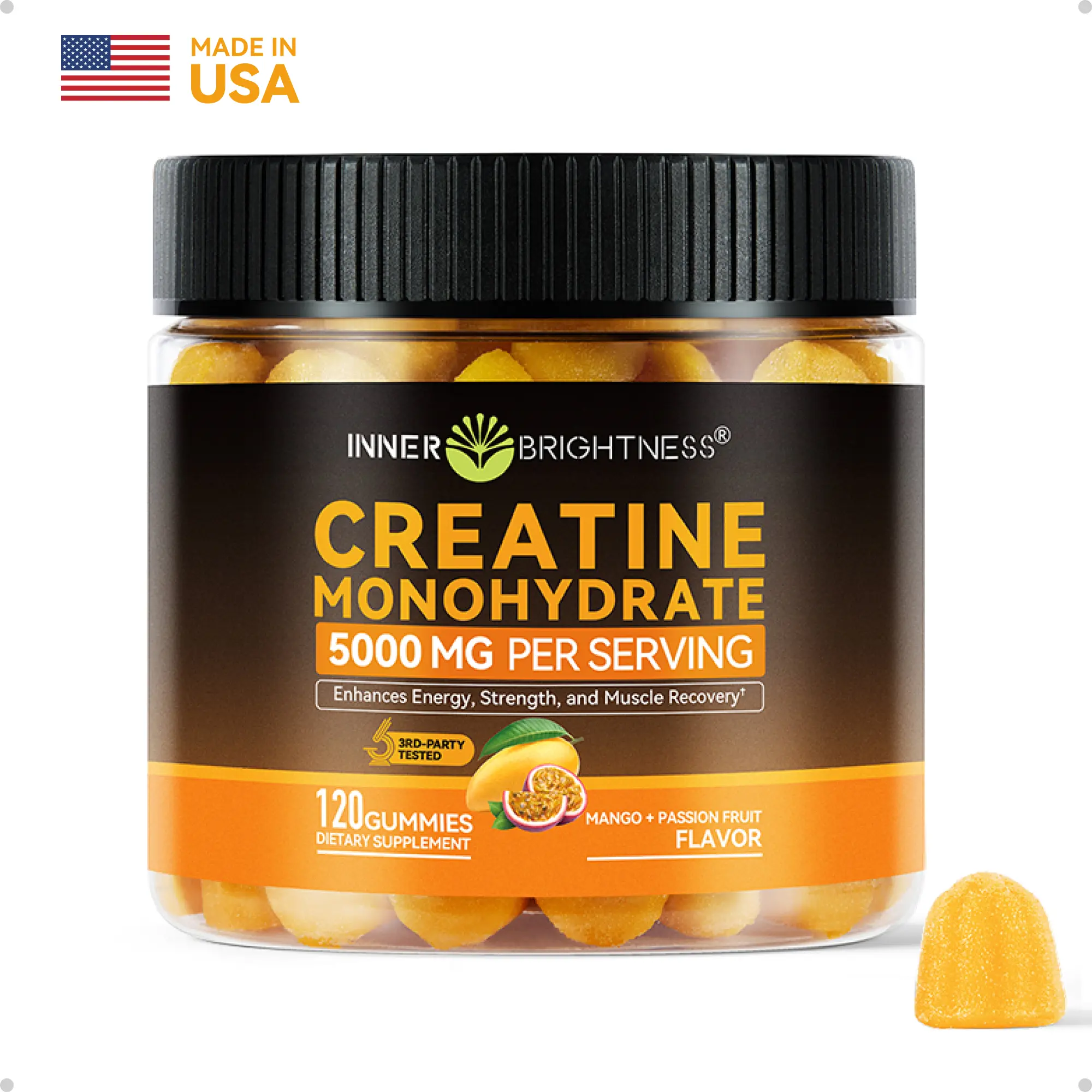 INNER BRIGHTNESS Creatine Monohydrate Gummies for Men 5000 mg, 3rd Party Tested, Creatine Gummies for Women, Support Muscle Growth, Strength & Energy Support, Sugar Free, Vegan, 120 Count, Mango Passionfruit Flavor