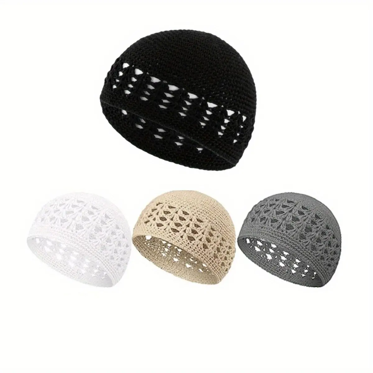 Muslim 4-Pcs Solid Fabric Knitted Handmade Craft Skull Cap, Breathable Crochet Hat for Teenagers, Outdoor Activities, Ramadan Celebrations