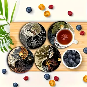 6 pieces of Yin-Yang Tree coffee coasters made of wood, heat-resistant and hand-washable, suitable for home, bar, office, various gatherings and office decoration. Yin-yang Design: Heat-resistant coasters, coffee table decorations