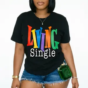 Living Single Graphic Cotton T-Shirt - Bright Colored Lettering Womenswear Summer Casual Crewneck sturdy everyday Top blue vintage clothing