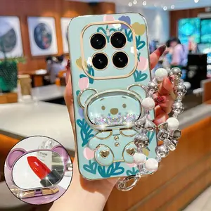 Honor GT Pro Fashion Series Pearl Strap Lanyard Phone Holder Case For Compatible With Huawei Honor Gt Pro Plating Cover and Durable Tulip Garden Cute Bear Protector Cases