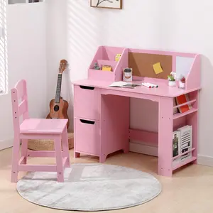Kids Study Desk and Chair Set, Wooden School Learning Table with Storage, Hutch and Bulletin Board,Small Toddler Desk for Home, School, Pink